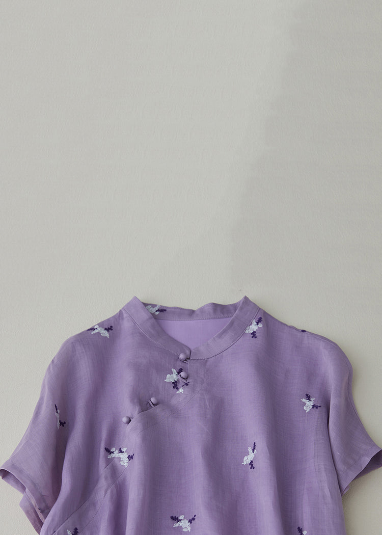 Loose Purple Embroidered Button Pockets Cotton Dress Summer VV010 HS-SDL240627