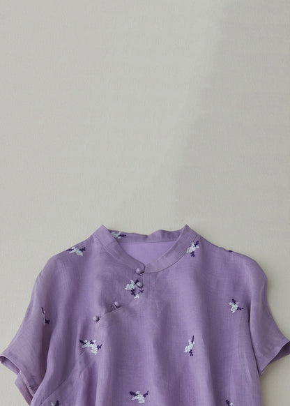 Loose Purple Embroidered Button Pockets Cotton Dress Summer VV010 HS-SDL240627