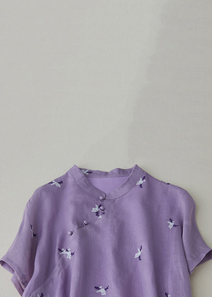 Loose Purple Embroidered Button Pockets Cotton Dress Summer VV010 HS-SDL240627