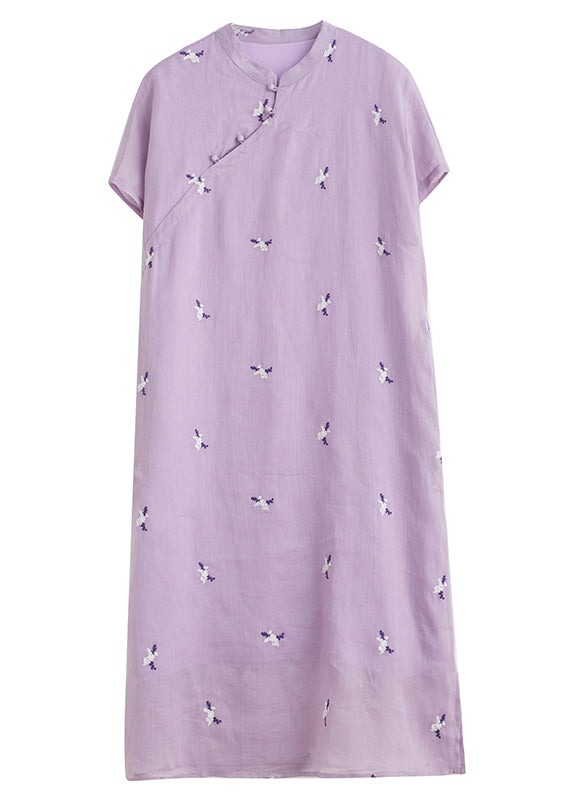 Loose Purple Embroidered Button Pockets Cotton Dress Summer VV010 HS-SDL240627