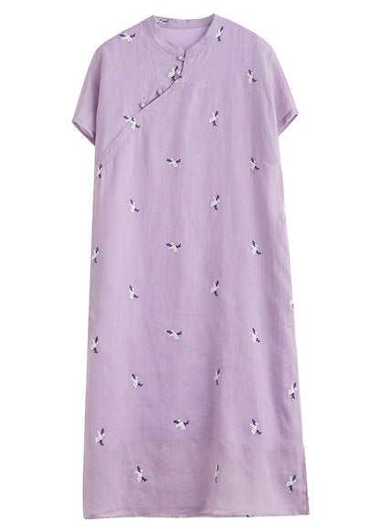 Loose Purple Embroidered Button Pockets Cotton Dress Summer VV010 HS-SDL240627