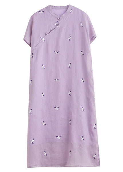 Loose Purple Embroidered Button Pockets Cotton Dress Summer VV010 HS-SDL240627