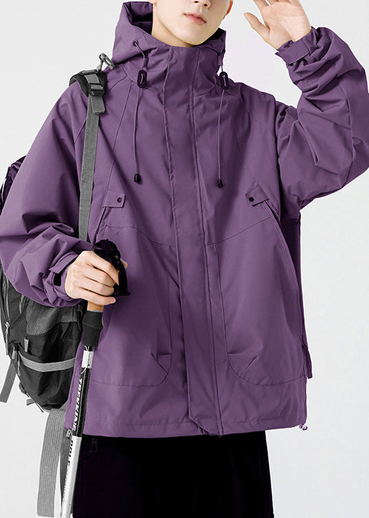 Hooded Loose Cotton Men Drawstring Pockets Purple Spring Coat FashionChic
