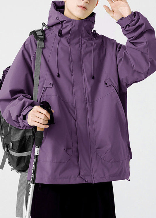 Hooded Loose Cotton Men Drawstring Pockets Purple Spring Coat FashionChic