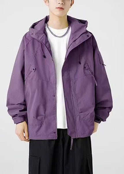 Hooded Loose Cotton Men Drawstring Pockets Purple Spring Coat FashionChic