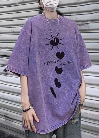 Sleeve Shirt Purple Letter Half T Print Cotton Men Loose Love FashionChic