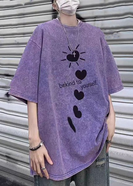 Sleeve Shirt Purple Letter Half T Print Cotton Men Loose Love FashionChic
