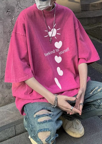 Sleeve Shirt Purple Letter Half T Print Cotton Men Loose Love FashionChic