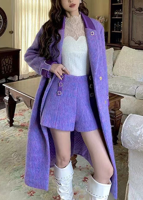 Loose Purple Notched Tie Waist Woolen Coats Winter WM004 ABC