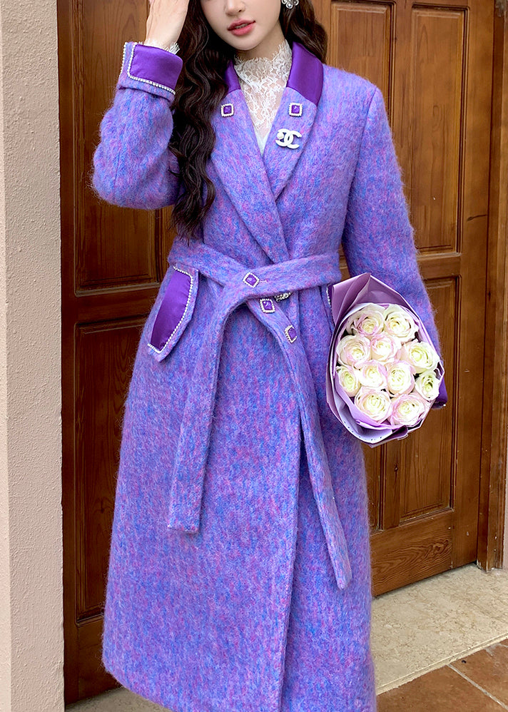 Loose Purple Notched Tie Waist Woolen Coats Winter WM004 ABC