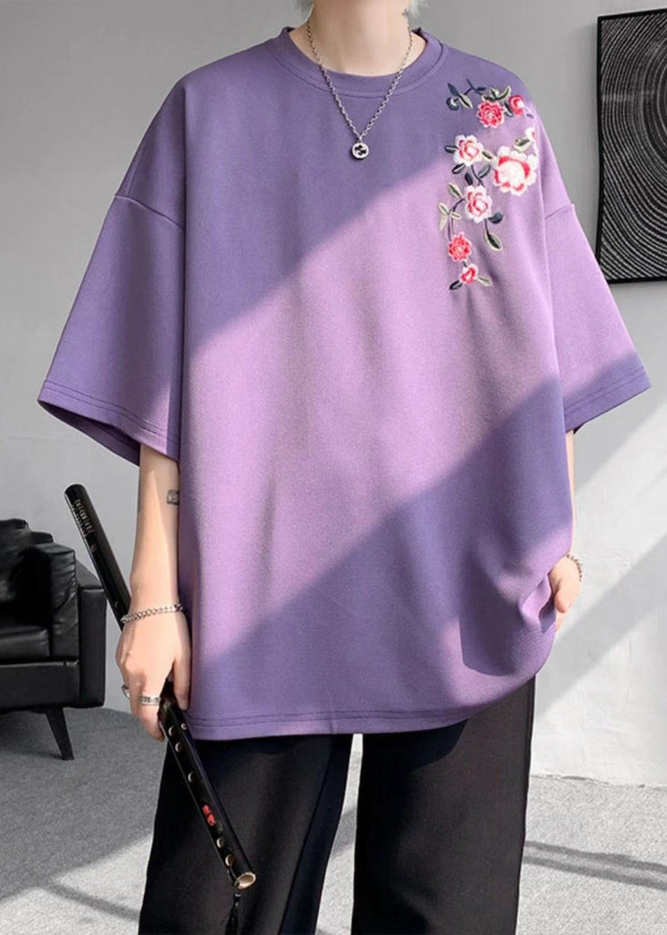 Loose Purple O Neck Embroideried Cotton Mens T Shirts Summer LK060 Men-Silk-MENT240630