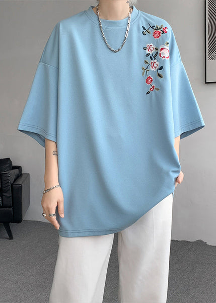 Loose Purple O Neck Embroideried Cotton Mens T Shirts Summer LK060 Men-Silk-MENT240630