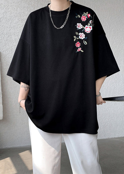 Loose Purple O Neck Embroideried Cotton Mens T Shirts Summer LK060 Men-Silk-MENT240630