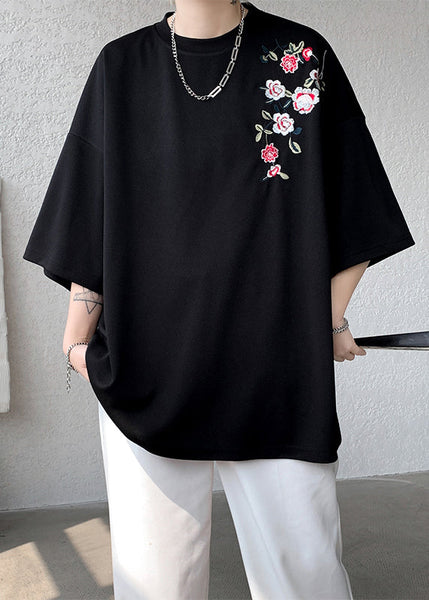 Loose Purple O Neck Embroideried Cotton Mens T Shirts Summer LK060 Men-Silk-MENT240630