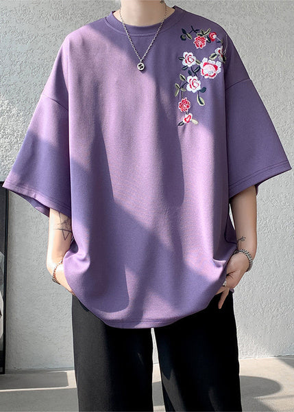 Loose Purple O Neck Embroideried Cotton Mens T Shirts Summer LK060 Men-Silk-MENT240630