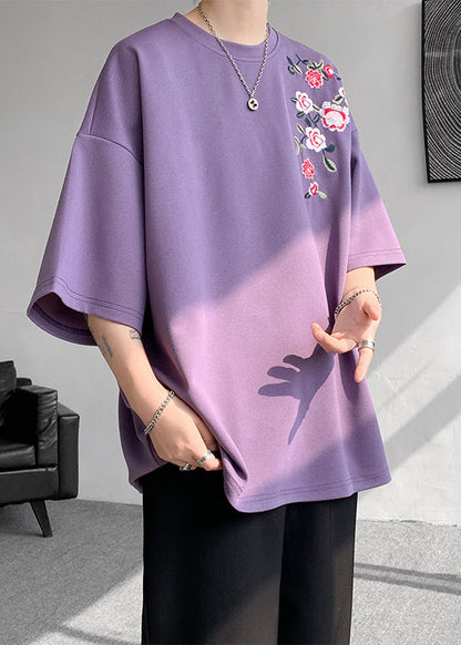 Loose Purple O Neck Embroideried Cotton Mens T Shirts Summer LK060 Men-Silk-MENT240630