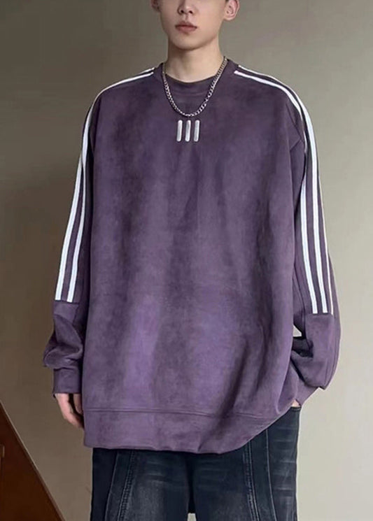 Loose Purple O Neck Patchwork Cotton Men Pullover Sweatshirt Fall EQ041 ABC