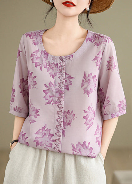 Loose Purple O-Neck Print Cotton Shirts Half Sleeve VV035 HS-HTP240627