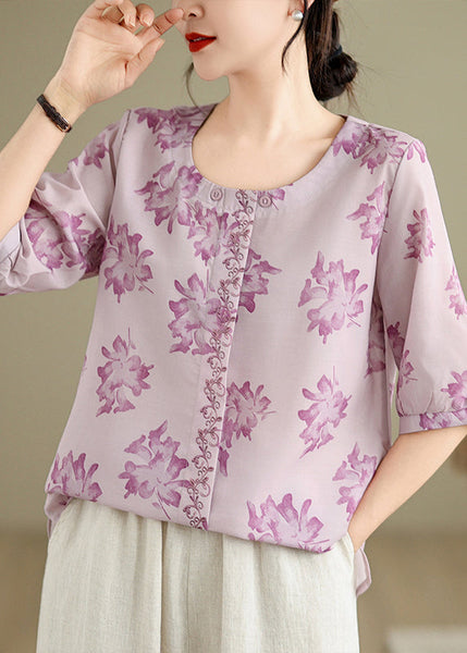 Loose Purple O-Neck Print Cotton Shirts Half Sleeve VV035 HS-HTP240627