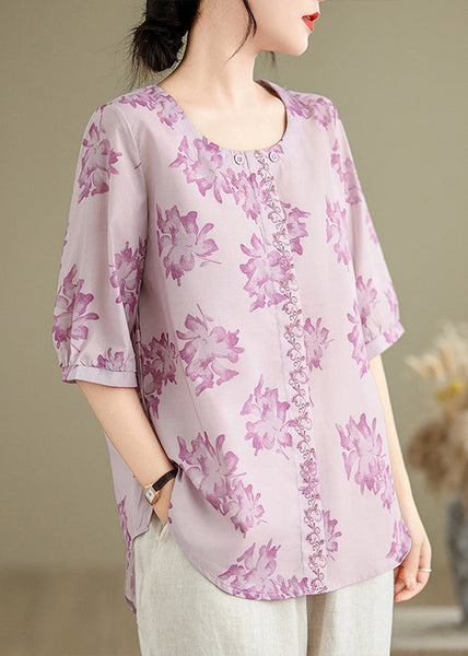 Loose Purple O-Neck Print Cotton Shirts Half Sleeve VV035 HS-HTP240627
