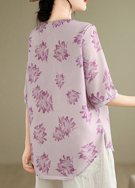 Loose Purple O-Neck Print Cotton Shirts Half Sleeve VV035 HS-HTP240627
