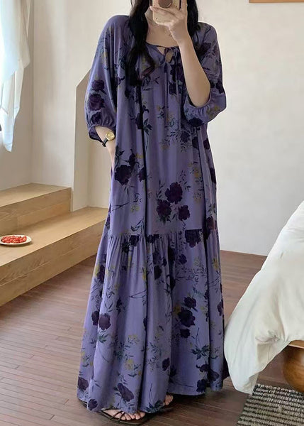 Summer Cotton Print Dresses Neck Purple Loose Wrinkled O Pajamas FashionChic