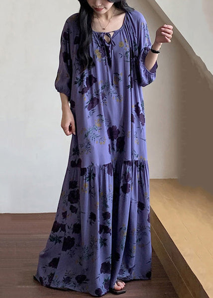 Summer Cotton Print Dresses Neck Purple Loose Wrinkled O Pajamas FashionChic