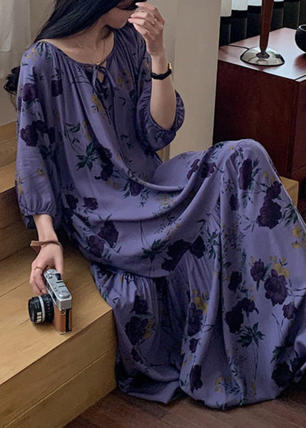 Summer Cotton Print Dresses Neck Purple Loose Wrinkled O Pajamas FashionChic