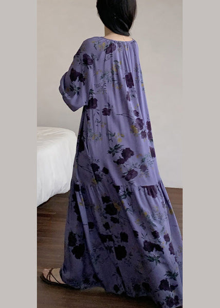 Summer Cotton Print Dresses Neck Purple Loose Wrinkled O Pajamas FashionChic
