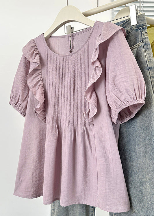 Summer Purple Cotton O Loose Blouse Wrinkled Neck FashionChic