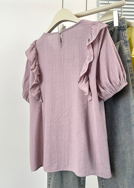 Summer Purple Cotton O Loose Blouse Wrinkled Neck FashionChic