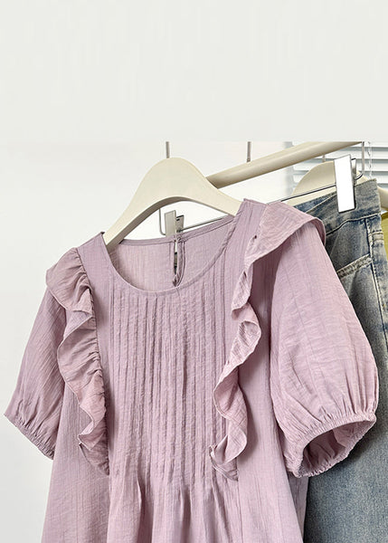 Summer Purple Cotton O Loose Blouse Wrinkled Neck FashionChic