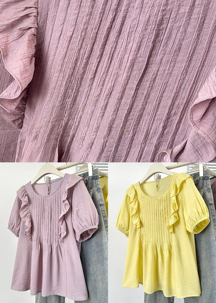 Summer Purple Cotton O Loose Blouse Wrinkled Neck FashionChic