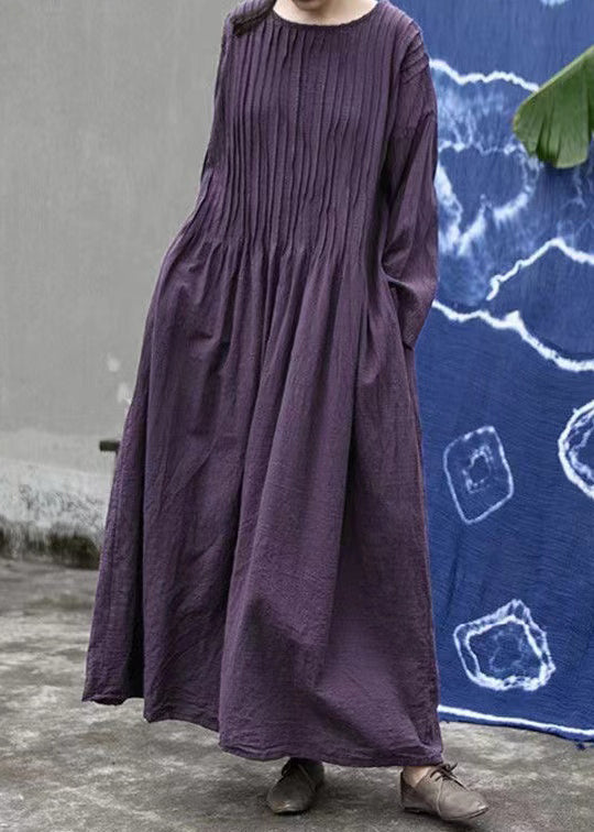 Loose Purple O Neck Wrinkled Linen Long Dress Long Sleeve MN083 MMDM-FDL240704