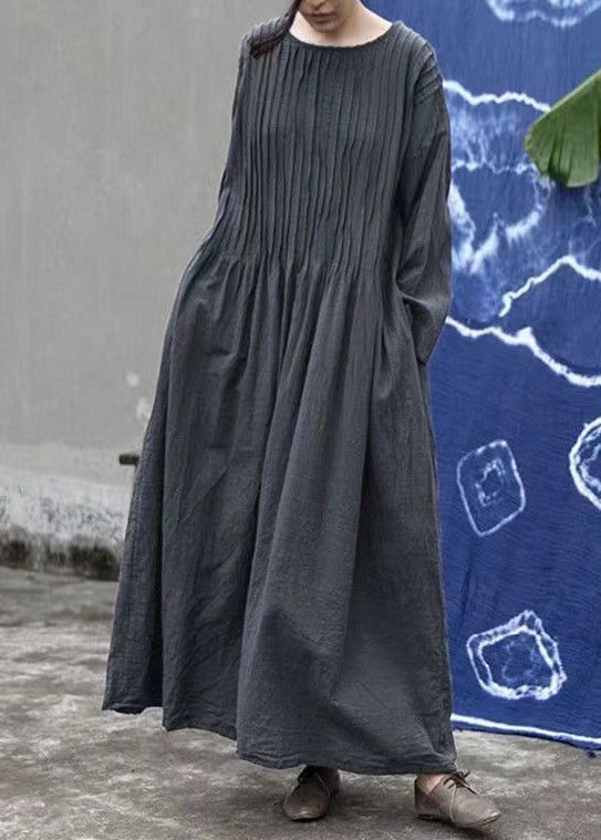 Loose Purple O Neck Wrinkled Linen Long Dress Long Sleeve MN083 MMDM-FDL240704