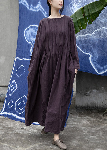 Loose Purple O Neck Wrinkled Linen Long Dress Long Sleeve MN083 MMDM-FDL240704