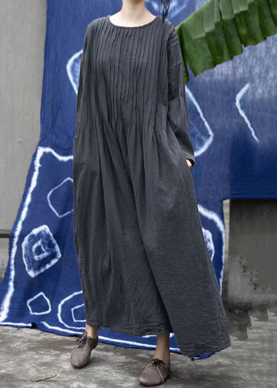 Loose Purple O Neck Wrinkled Linen Long Dress Long Sleeve MN083 MMDM-FDL240704