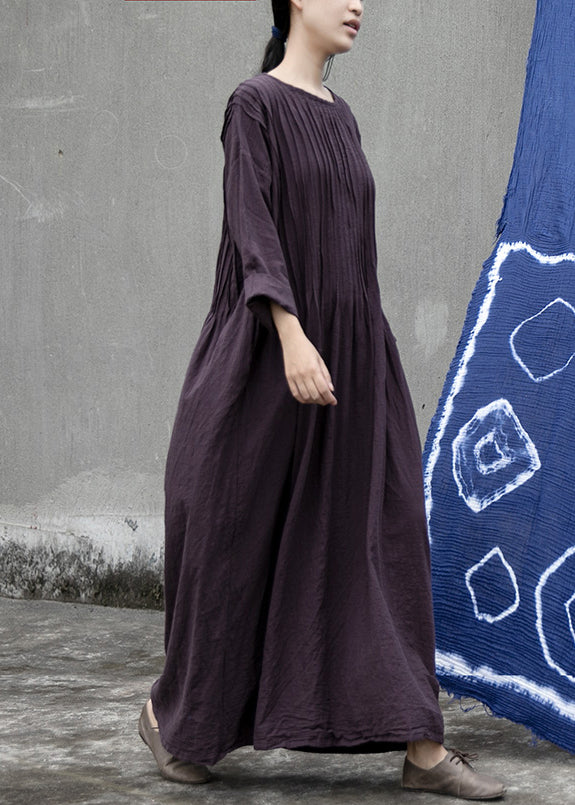 Loose Purple O Neck Wrinkled Linen Long Dress Long Sleeve MN083 MMDM-FDL240704