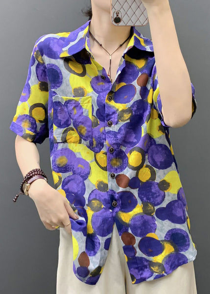 Loose Purple Peter Pan Collar Dot Cotton Shirts Summer AU1039 MZF-240903