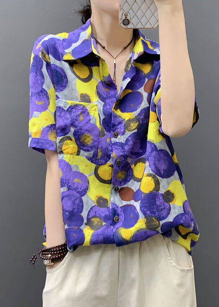 Loose Purple Peter Pan Collar Dot Cotton Shirts Summer AU1039 MZF-240903