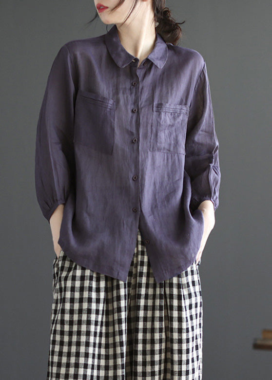 Loose Purple Peter Pan Collar Patchwork Button Solid Ramie Shirt Long Sleeve UU022 OM-MM240820