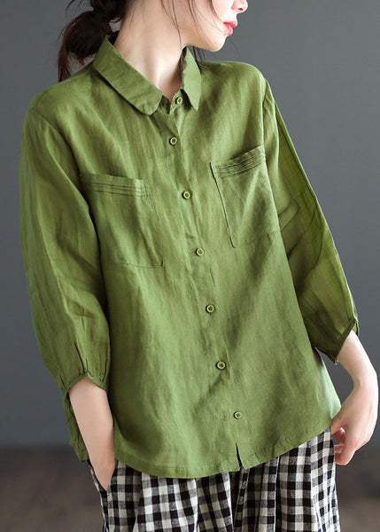 Loose Purple Peter Pan Collar Patchwork Button Solid Ramie Shirt Long Sleeve UU022 OM-MM240820