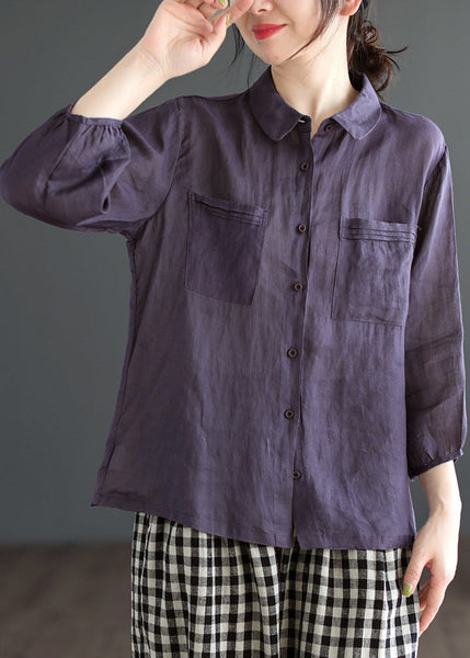 Loose Purple Peter Pan Collar Patchwork Button Solid Ramie Shirt Long Sleeve UU022 OM-MM240820