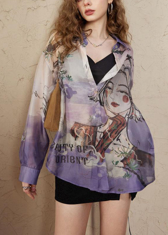 Loose Purple Peter Pan Collar Print Chiffon Blouses Long Sleeve KK024 SH-LF-LTP240602