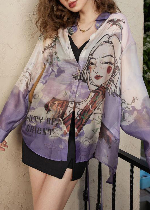 Loose Purple Peter Pan Collar Print Chiffon Blouses Long Sleeve KK024 SH-LF-LTP240602