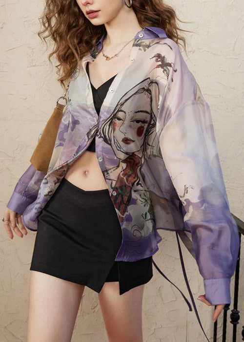 Loose Purple Peter Pan Collar Print Chiffon Blouses Long Sleeve KK024 SH-LF-LTP240602