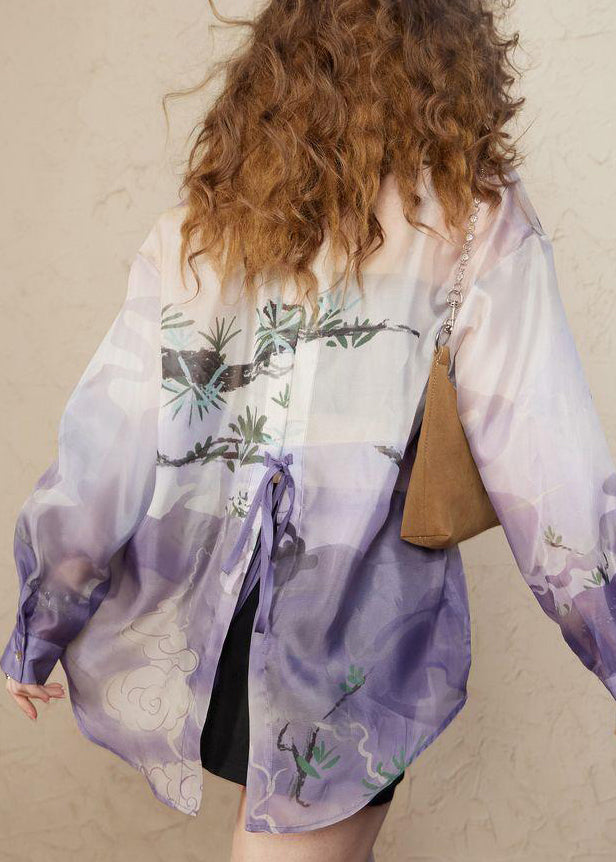 Loose Purple Peter Pan Collar Print Chiffon Blouses Long Sleeve KK024 SH-LF-LTP240602
