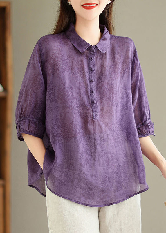 Loose Purple Peter Pan Collar Print Linen Blouses Half Sleeve GG056 MZF-HTP240610