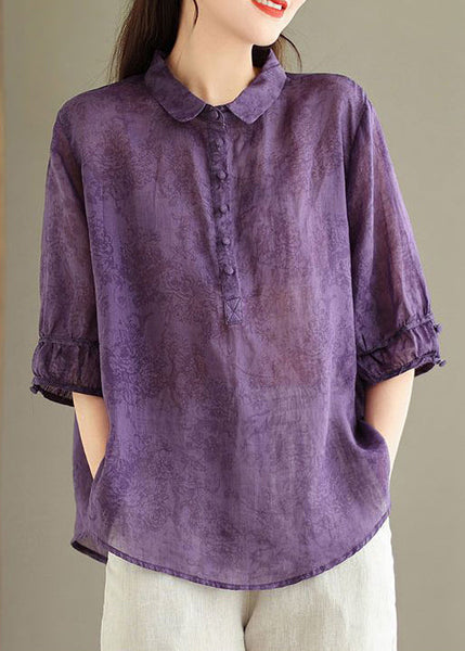 Loose Purple Peter Pan Collar Print Linen Blouses Half Sleeve GG056 MZF-HTP240610