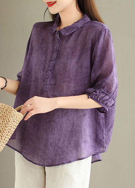 Loose Purple Peter Pan Collar Print Linen Blouses Half Sleeve GG056 MZF-HTP240610